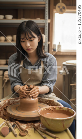 陶芸体験をする日本女性 135370495