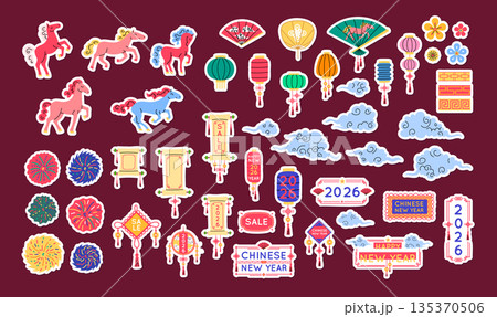 Cartoon Color Chinese New Year Red Fiery Horse Concept Sticker Set Include of Traditional Cloud, Lantern, Sale Banner and Decorative Flower. Vector illustration Cartoon Color Chinese New Year Red Fiery Horse Concept Sticker Set Include of Traditional Cloud, Lantern, Sale Banner and Decorative Flower. Vector illustration 135370506
