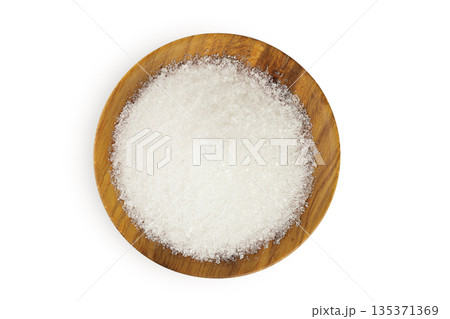 White sugar in wooden bowl isolated on white background. Top view. Flat lay 135371369