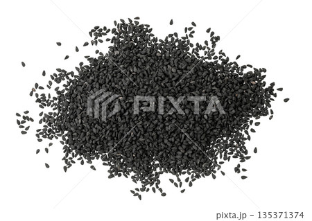 Nigella sativa or Black cumin isolated on white background. Top view. Flat lay 135371374