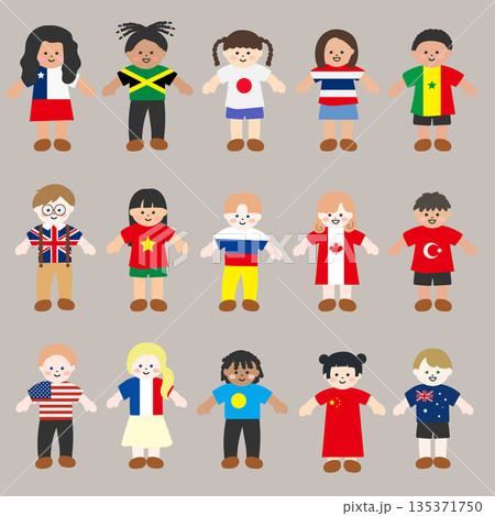 国旗風の服を着たバラエティ豊かな子供たちのイラストセット 国旗風の服を着たバラエティ豊かな子供たちのイラストセット 135371750