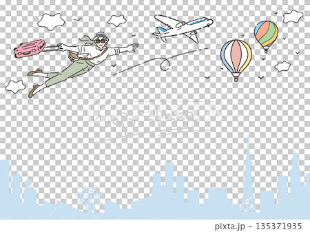 活躍的老年女性旅行插畫,留有空白區域,風景,尺寸比例 活躍的老年女性旅行插畫,留有空白區域,風景,尺寸比例 135371935