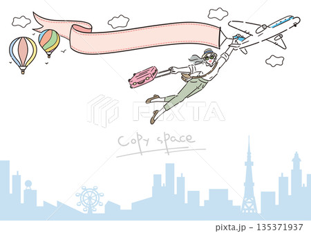 アクティブシニア 女性 旅行 イラスト コピースペース 横長 A判比率 135371937