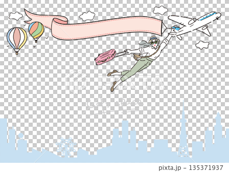 活躍的老年女性旅行插畫，留有空白區域，風景，尺寸比例 135371937