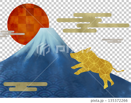 寓意吉祥的日本新年野豬插圖 135372266