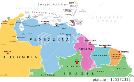 Venezuela and The Guianas, multi colored political map. Geographical region in South America, consisting of the country Venezuela and The Guianas, which are Guyana, Suriname, and French Guiana. Vector 135372332