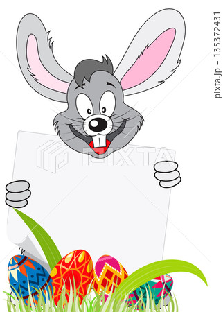 Easter Poster with Eggs, Rabbit and Sheet of Paper 135372431
