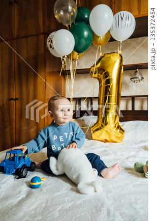 One-year-old boy enjoys his birthday party celebration One-year-old boy enjoys his birthday party celebration 135372484
