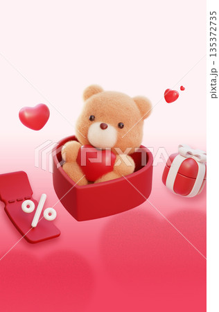 Teddy Bear in Red Heart Box with Discount Coupons Vertical Banner 135372735