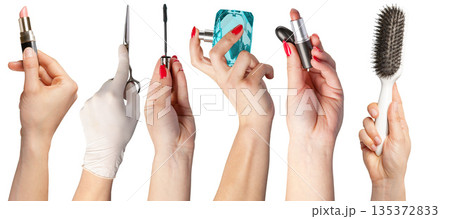 Various hands performing tasks related to beauty and personal care products Various hands performing tasks related to beauty and personal care products 135372833