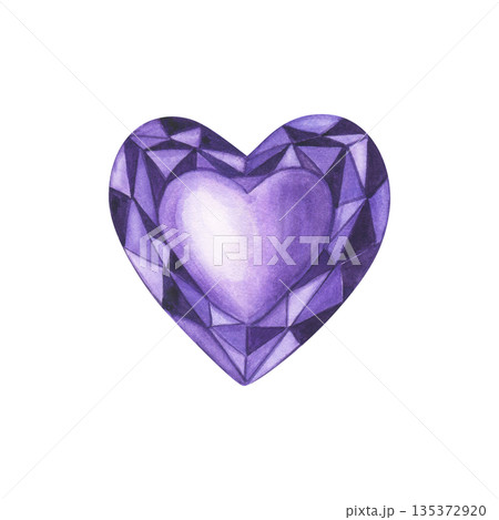 Faceted lilac translucent heart shaped crystal watercolor illustration on isolated background. Geometric polygonal purple gemstone. Jewelry love symbol for shop decor, wedding invitation. 135372920