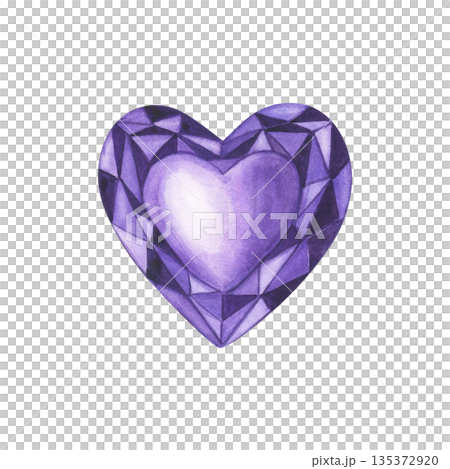Faceted lilac translucent heart shaped crystal watercolor illustration on isolated background. Geometric polygonal purple gemstone. Jewelry love symbol for shop decor, wedding invitation. 135372920