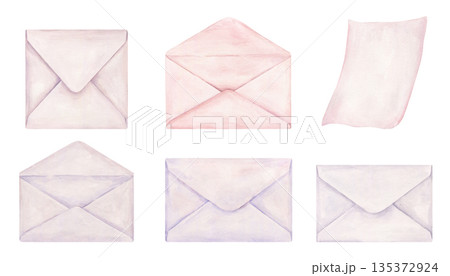 Watercolor open and closed envelopes for letters and blank pink page for note clip art illustration on isolated background. Post paper accessories for valentine day and mother day greeting card 135372924