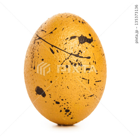 Bright golden egg with black speckles standing alone on a white background 135373136