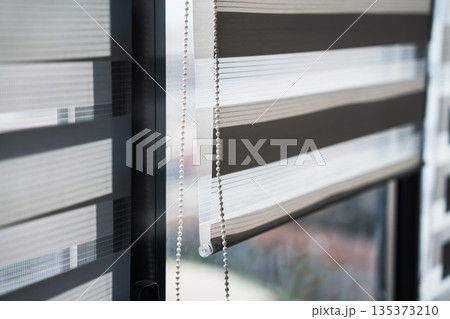Vertical Close-Up of Zebra Window Blinds With Chain Control Creating Minimal Interior Texture and Privacy Concept Vertical Close-Up of Zebra Window Blinds With Chain Control Creating Minimal Interior Texture and Privacy Concept 135373210