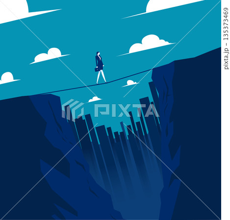 Risk management. A woman is walking on a suspension bridge over a ravine. Risk management. A woman is walking on a suspension bridge over a ravine. 135373469