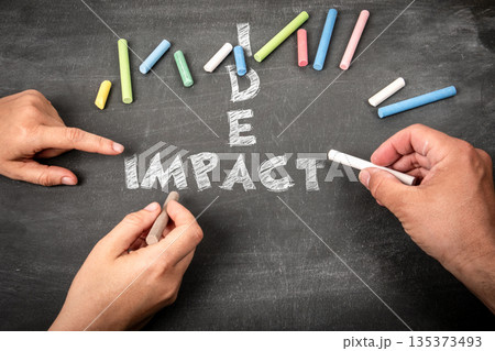 Idea and Impact Concept Written with Chalk on Blackboard by Two People Idea and Impact Concept Written with Chalk on Blackboard by Two People 135373493
