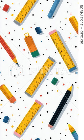 School Supplies Pattern Rulers, Pencils, Erasers, and Dots 135374908