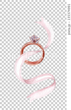 Engagement ring, flowing ribbon, hand painted watercolor isolated on white for proposal design, luxury branding, romantic stationery, invitation, jewelry marketing editorial decor. Vertical soft blush 135374991