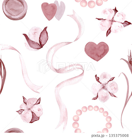 Elegant seamless pattern, watercolor cotton flowers, flowing ribbons, pearl accents, refined repeating design for luxury branding, packaging, stationery, textiles romantic surface design. Soft blush 135375008