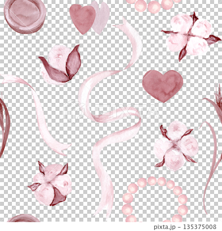 Elegant seamless pattern, watercolor cotton flowers, flowing ribbons, pearl accents, refined repeating design for luxury branding, packaging, stationery, textiles romantic surface design. Soft blush 135375008