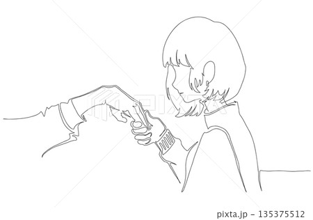 Continuous One Line Drawing of a Woman About to Kiss a Hand Continuous One Line Drawing of a Woman About to Kiss a Hand 135375512