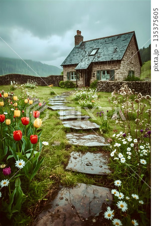 Stone cottage with a slate roof amidst a lush garden in a rainy setting.  135375605