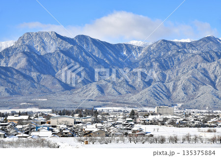 有明山～燕岳方面／池田町役場、あずみ病院周辺を望む(長野県池田町)【2026.1】 135375884