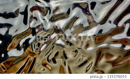 abstract molten liquid metal swirl in golden silver tones with fluid waves bubbles glossy reflections futuristic texture for wallpaper banner 135376055