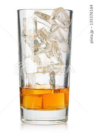 Whiskey cocktail with ice cubes in a tall glass Whiskey cocktail with ice cubes in a tall glass 135376184