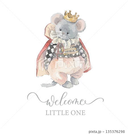 Watercolor Royal Mouse Welcome Little One Baby Greeting Vector Illustration Watercolor Royal Mouse Welcome Little One Baby Greeting Vector Illustration 135376298