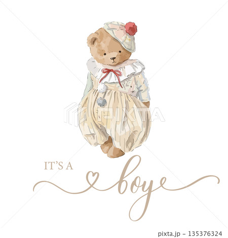 Watercolor Teddy Bear It's a Boy Baby Shower Vector Illustration. Watercolor Teddy Bear It's a Boy Baby Shower Vector Illustration. 135376324