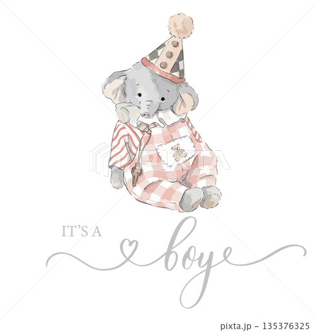 Watercolor Baby Elephant It's a Boy Baby Shower Vector Illustration Watercolor Baby Elephant It's a Boy Baby Shower Vector Illustration 135376325