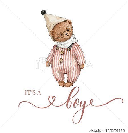 Watercolor Teddy Bear It's a Boy Baby Announcement Vector Illustration 135376326