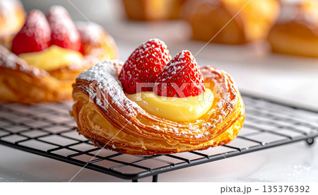 焼きたての苺のデニッシュ・カスタードクリームと粉砂糖のパン 135376392