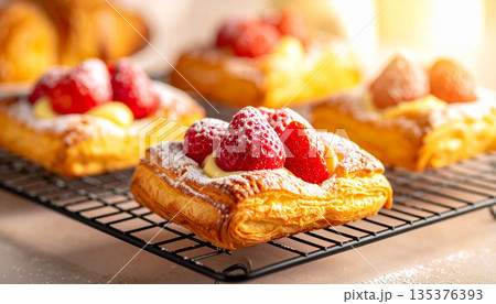 焼きたての苺のデニッシュ・カスタードクリームと粉砂糖のパン 135376393