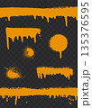 Orange spray paint splatters with drips on transparent checkered background. 135376595