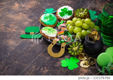St. Patricks Day party food, green beer and shamrock 135376760