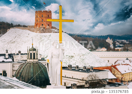 Vilnius Lithuania. Pediment Of Cathedral Basilica Of St. Stanislaus, St. Vladislav With Statues Of St. Elena And St. Stanislaus, Tower Of Gediminas Or Gedimino In Winter Day 135376785