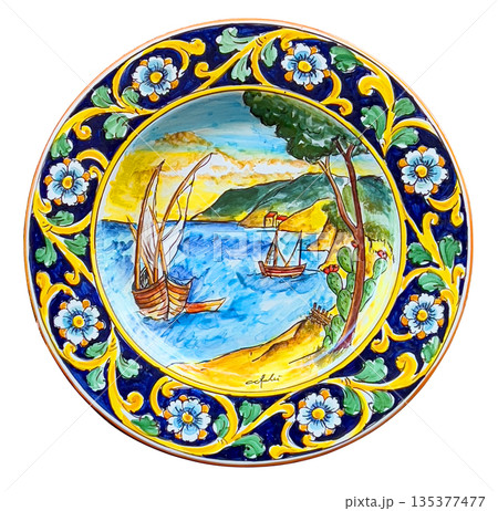 Hand painted sicilian majolica plate featuring  landscape 135377477