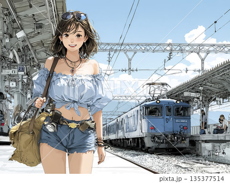 電車で旅行に出かける若い女性のイラスト｜夏の一人旅とライフスタイル 135377514
