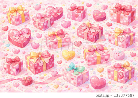 バレンタインシリーズ：ハート柄ラッピングのポップバレンタイン背景 135377587
