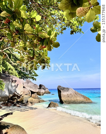 Thailand's Similan Islands, known for their snow-white beaches, crystal clear waters, coral reefs, and rich underwater world. Video  135377668