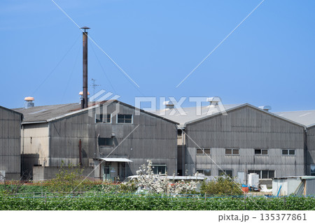 青空にそびえる煙突とスレート屋根の町工場、ノスタルジックな日本の工業風景 青空にそびえる煙突とスレート屋根の町工場、ノスタルジックな日本の工業風景 135377861