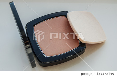 Compact powder with puff for makeup, on white background, top view Compact powder with puff for makeup, on white background, top view 135378149