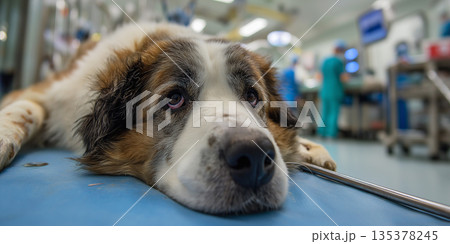 Dog rests on a blue examination table at a veterinary clinic. Veterinary staff attend to the patient. 135378245