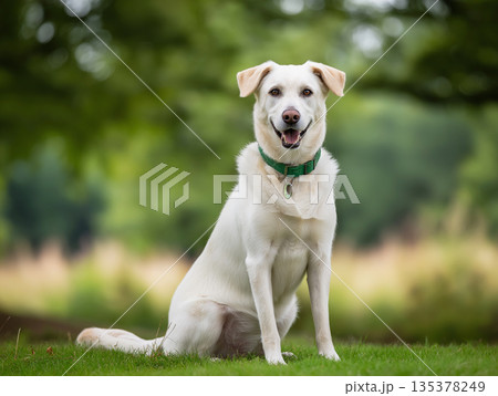 White Labrador Retriever sits on grass in a park. Sunlight highlights the white coat and green collar. White Labrador Retriever sits on grass in a park. Sunlight highlights the white coat and green collar. 135378249