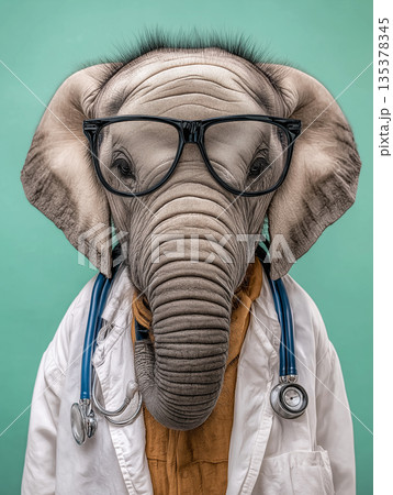 Elephant doctor wearing glasses stands in a clinic. Glasses, white coat, and stethoscope convey a playful medical vibe. 135378345