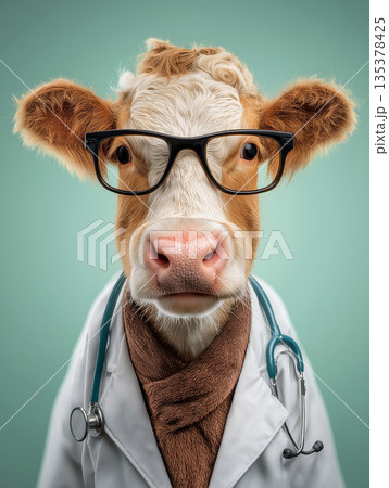 Cow doctor wearing glasses examines patients in veterinary clinic. Stethoscope hangs around the cow neck. Cow doctor wearing glasses examines patients in veterinary clinic. Stethoscope hangs around the cow neck. 135378425