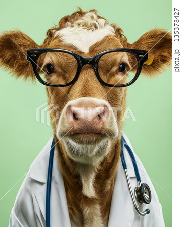 Cow veterinarian wearing glasses works at a clinic. A stethoscope rests on a white coat. Cow veterinarian wearing glasses works at a clinic. A stethoscope rests on a white coat. 135378427